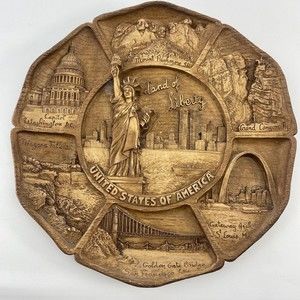 Hand Carved Wood United States of America Land Of Liberty Landmarks Wall Plaque